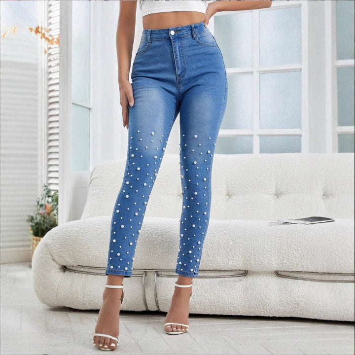 Women high-waisted skinny jeans with pearl appliqué Mune Fashion