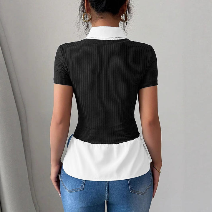Women Short Sleeve Layering Top with Fake Shirt Collar and Ribbed Knit Body Mune Fashion