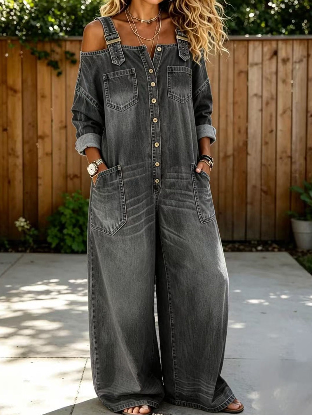 Women's Stylish Denim Overall with Off-Shoulder Design