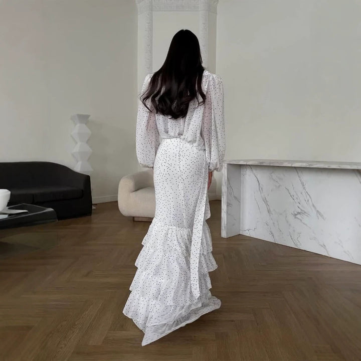 Women's Maxi Dress in Chiffon with Wrap Top, Bow and Tiered Ruffle Skirt Mune Fashion