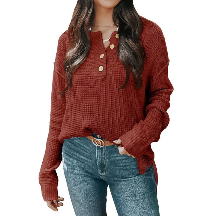 Women's Relaxed Waffle Texture Henley Pullover with Button Placket and Dropped Shoulder Mune Fashion