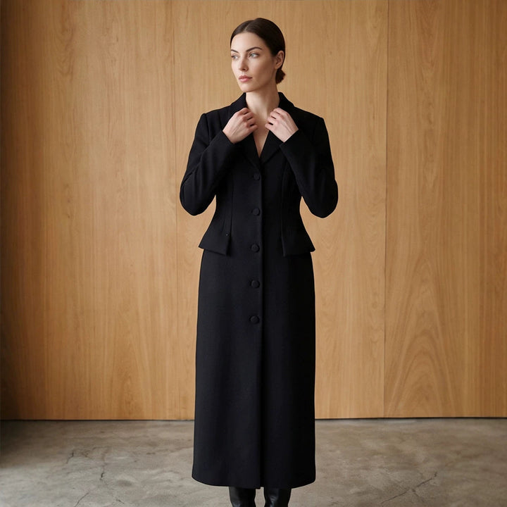 Women Tailored Long Coat with Shawl Collar and Shaping Dart Mune Fashion