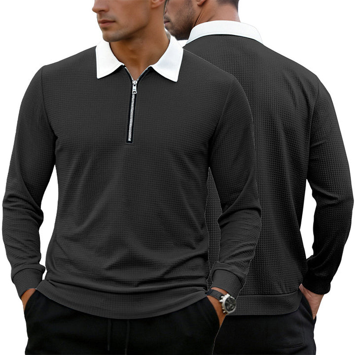 Men's Elegant Waffle Structure Polo Shirt with Half Zip and Contrast Collar Mune Fashion