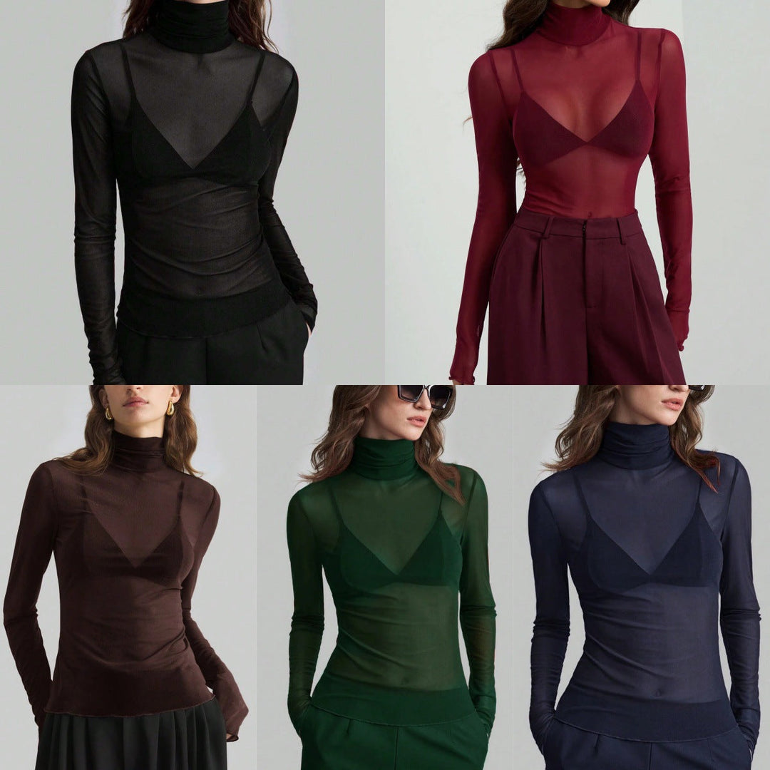 Women's Transparent Turtleneck Blouse with Figure-Shaping Cut Mune Fashion