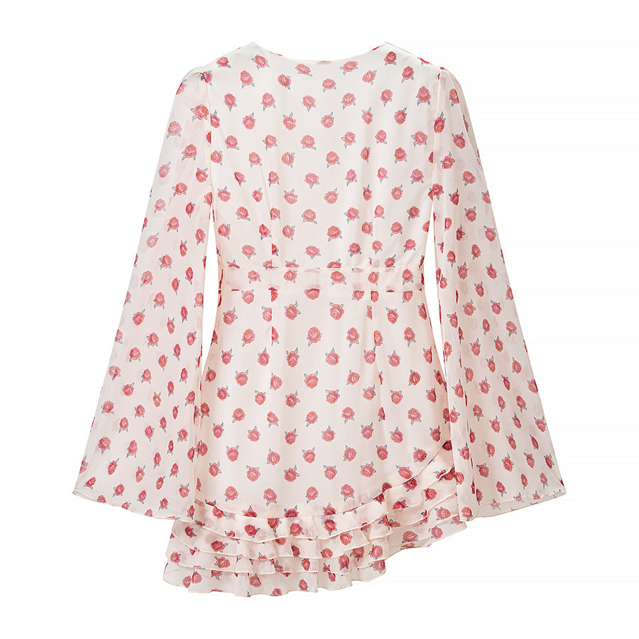 Women Playful Chiffon Mini Dress with Deep V, Asymmetrical Ruffle Hem and Bell Sleeves Mune Fashion