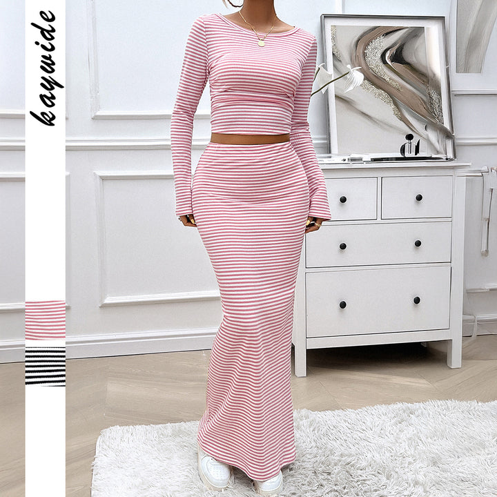 Women's striped two-piece bodycon set with long sleeve crop top and tailored maxi skirt Mune Fashion