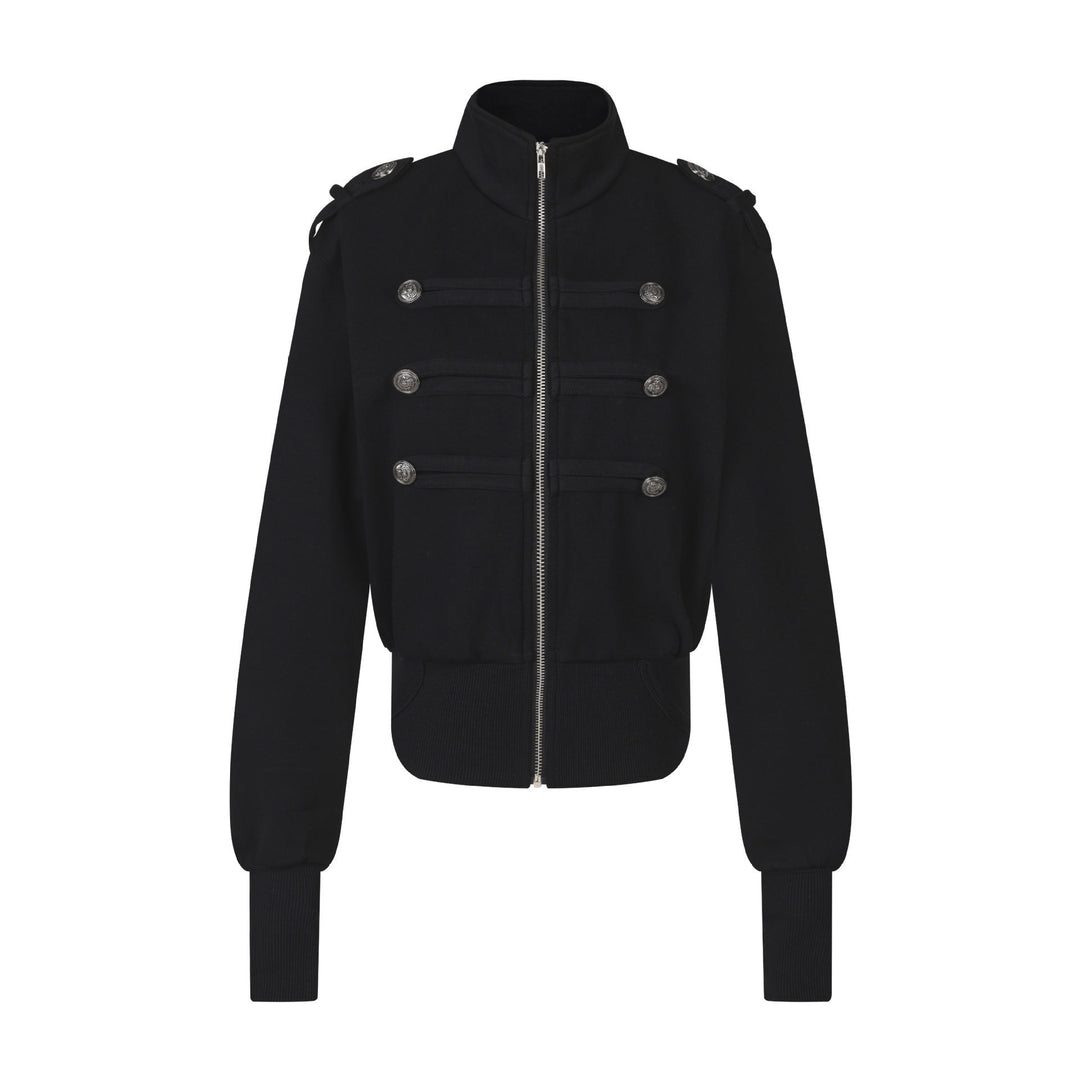 Women's Short Sweat Jacket in Military Style with Stand-Up Collar and Decorative Patches Mune Fashion