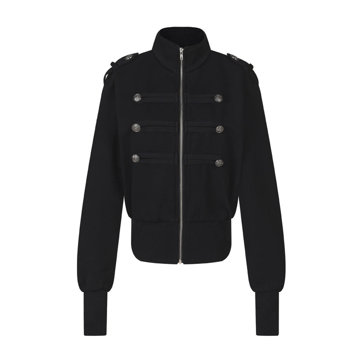 Women's Short Sweat Jacket in Military Style with Stand-Up Collar and Decorative Patches Mune Fashion