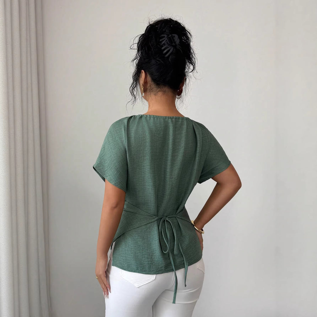 Women's Tailored Linen Look Top with Keyhole Opening, Bead Detail and Draping Mune Fashion