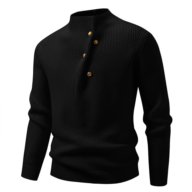 Men's fine knit sweater with asymmetric button placket and stand-up collar Mune Fashion
