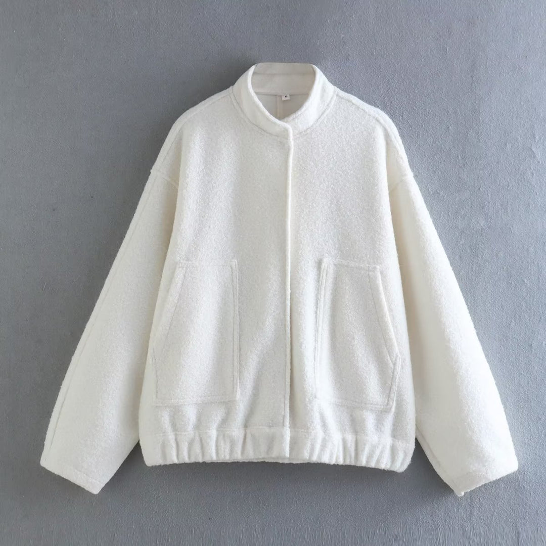 Women’s nan boxy wool blend blouson with stand-up collar, concealed front placket, side pockets and elastic hem Mune Fashion