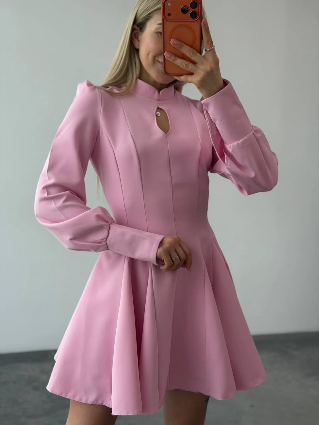 Women A-Line Mini Dress with Stand Collar, Slit Detail and Balloon Sleeves Mune Fashion