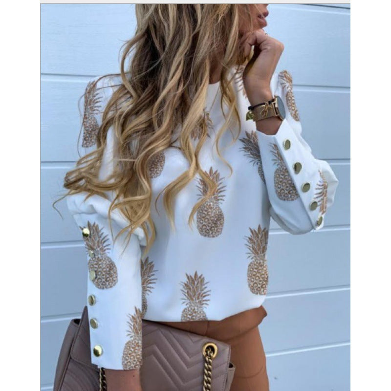 Women's Lightweight Blouse with Leopard Print, Balloon Sleeves and Decorative Button Placket Mune Fashion