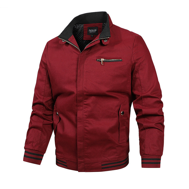 Men's modern canvas bomber jacket in varsity style with striped ribbed cuffs and concealed front placket.