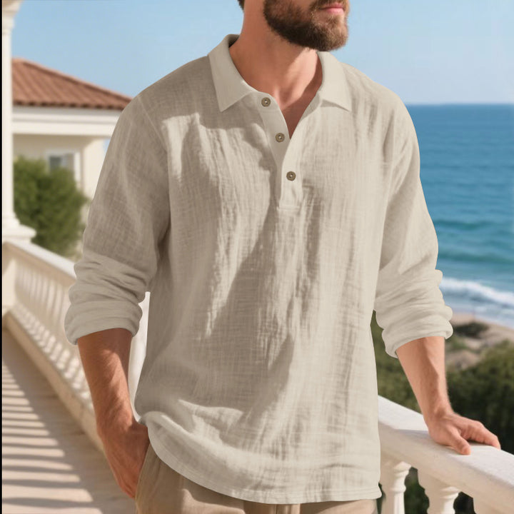 Men's casual linen henley shirt with polo collar and triple button placket Mune Fashion