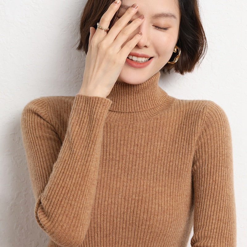 Women's Tailored Fine Knit Turtleneck Sweater with Fine Ribbed Texture and Cashmere Look Mune Fashion