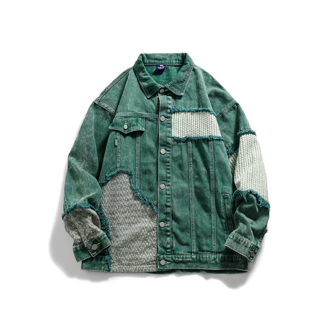 Unisex Patchwork Denim Jacket with Knitted Inserts and Frayed Edges Mune Fashion