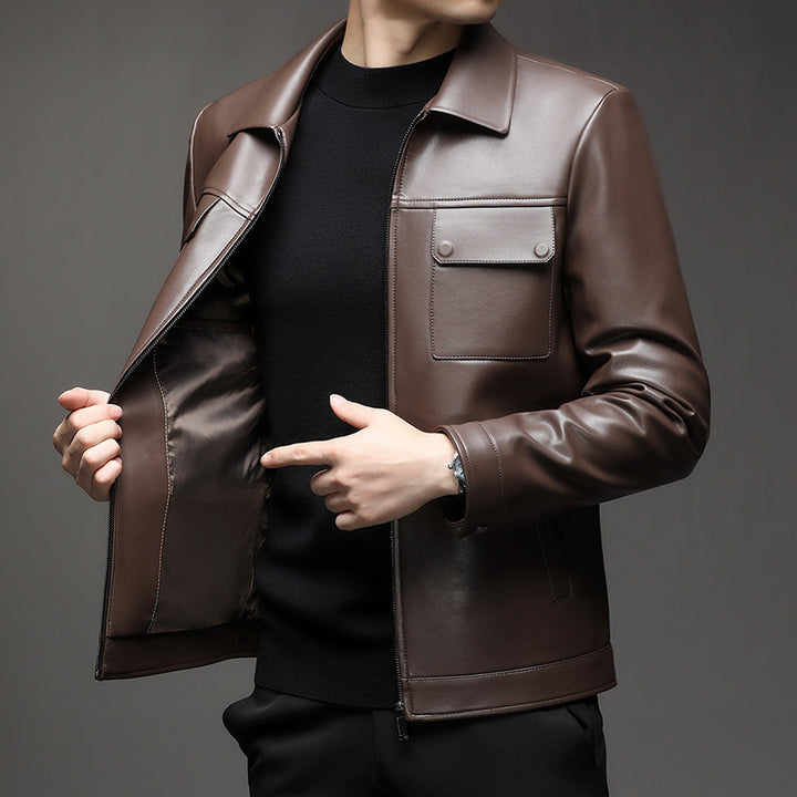 Men Smooth Leather Look Blouson with Chest Flaps and Zipper Mune Fashion