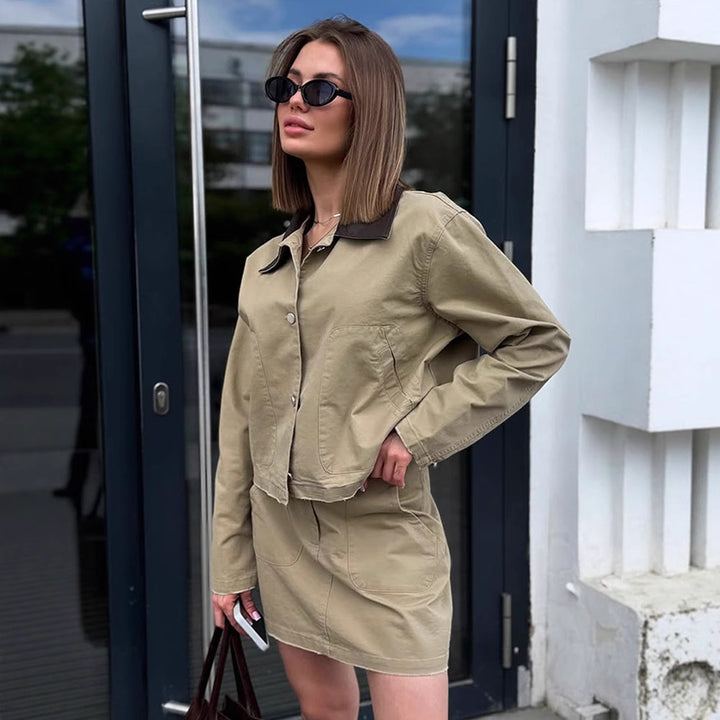 Women's Two-Piece Cotton Utility Set with Cropped Jacket and Mini Skirt Mune Fashion