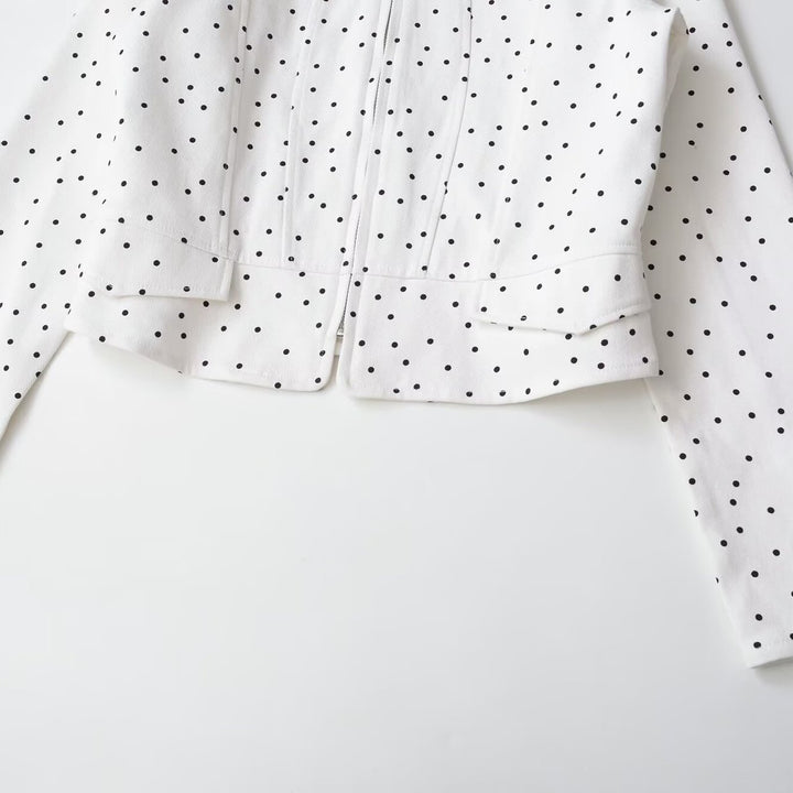 Women Polka Dot, Short-Cropped Bomber Jacket with Stand Collar and Zipper Mune Fashion