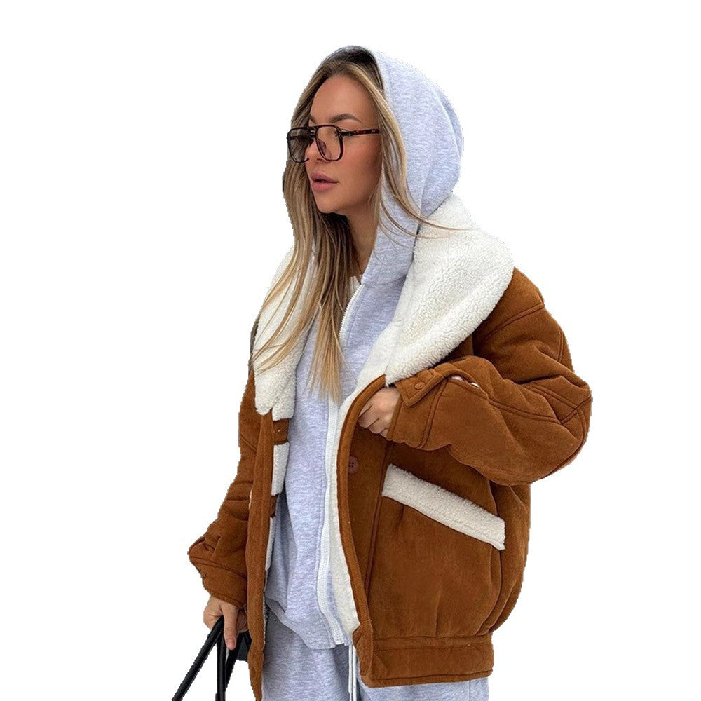 Women Oversized Sheepskin Imitation Jacket with Large Shawl Collar Mune Fashion