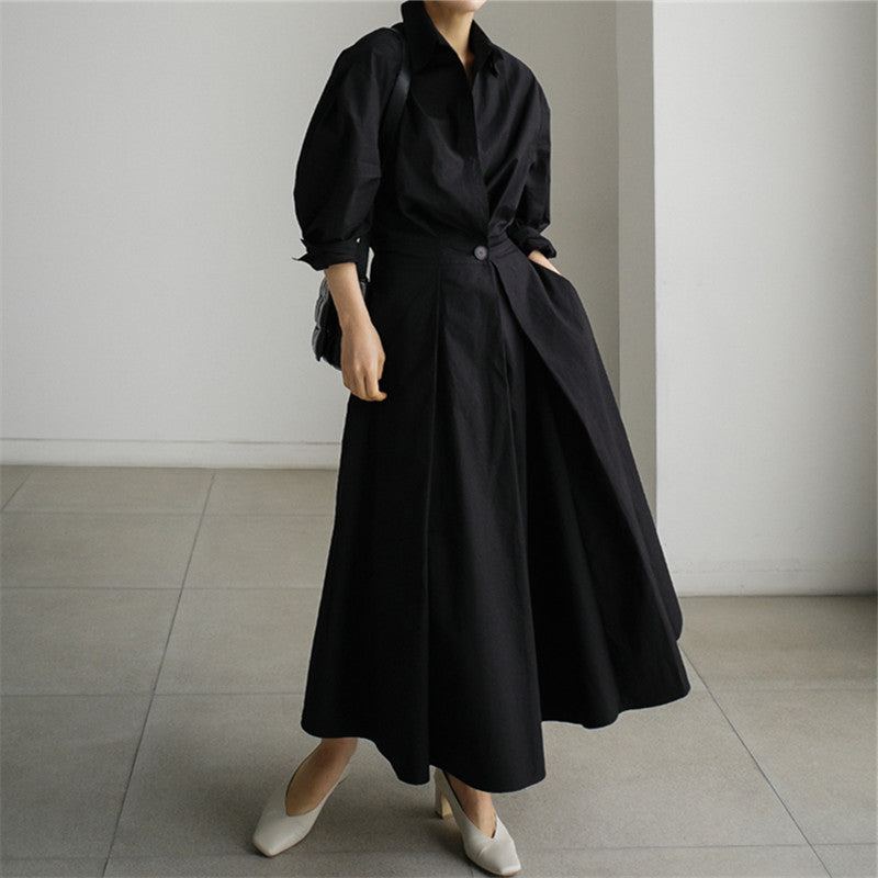 Women's collar blouse dress with tailored button placket and wide pleated skirt Mune Fashion