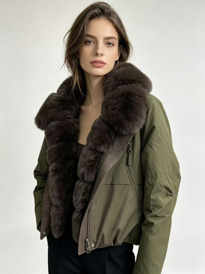 Women's tailored parka bomber jacket with voluminous faux fur collar and windproof outer shell Mune Fashion