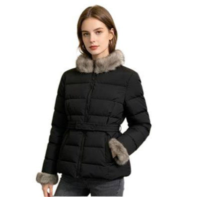 Women's short tailored winter quilted jacket with removable faux fur collar, tonal waist straps and concealed two-way zipper Mune Fashion