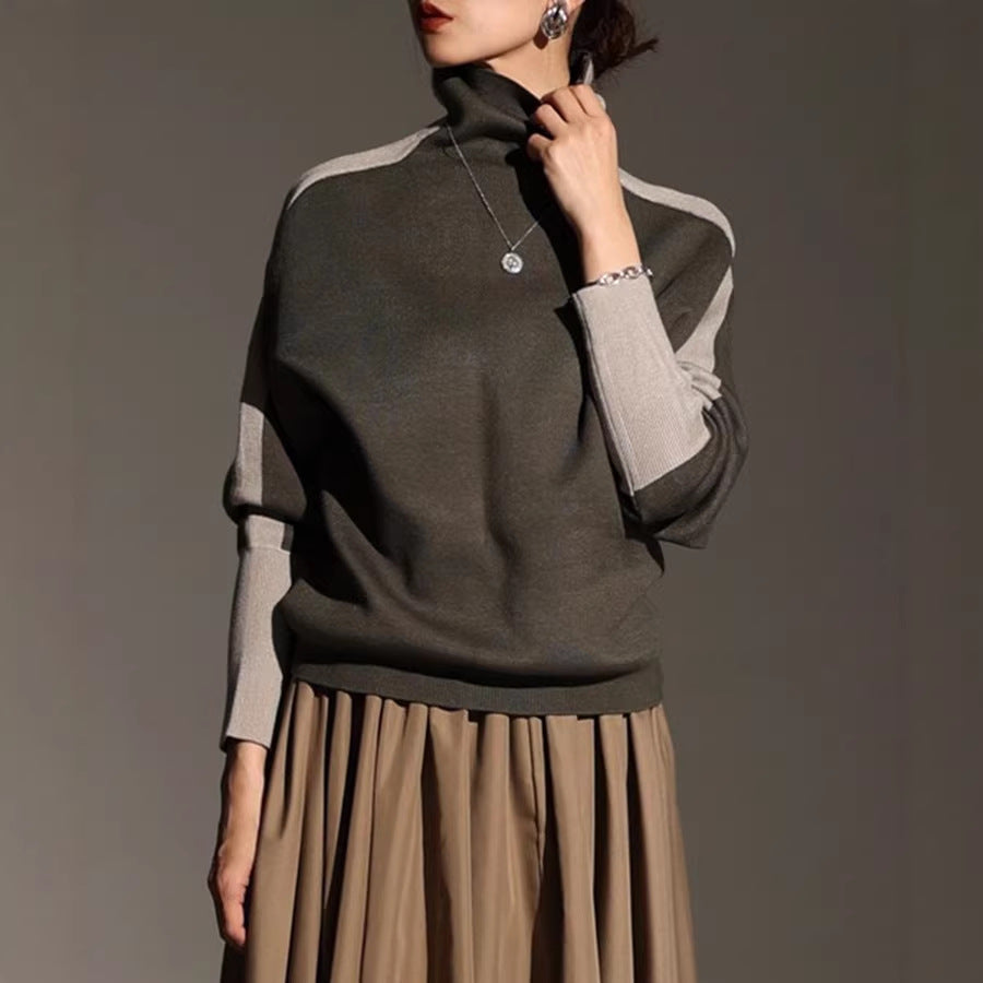 Women's Roll Neck Fine Knit Sweater with Wide Raglan Sleeves and Contrast Stripes Mune Fashion
