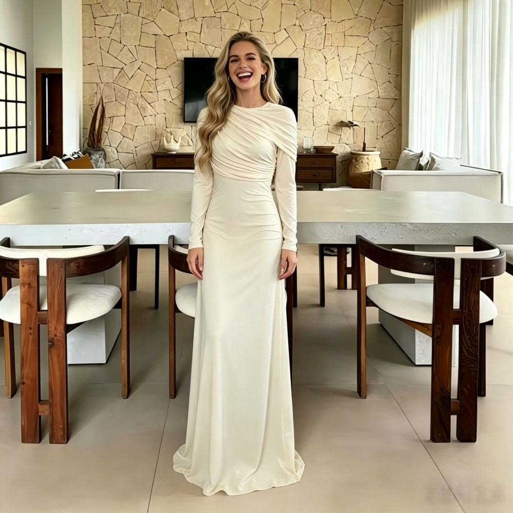 Women's Maxi Dress with Cape Draping and Tailored Cut Mune Fashion
