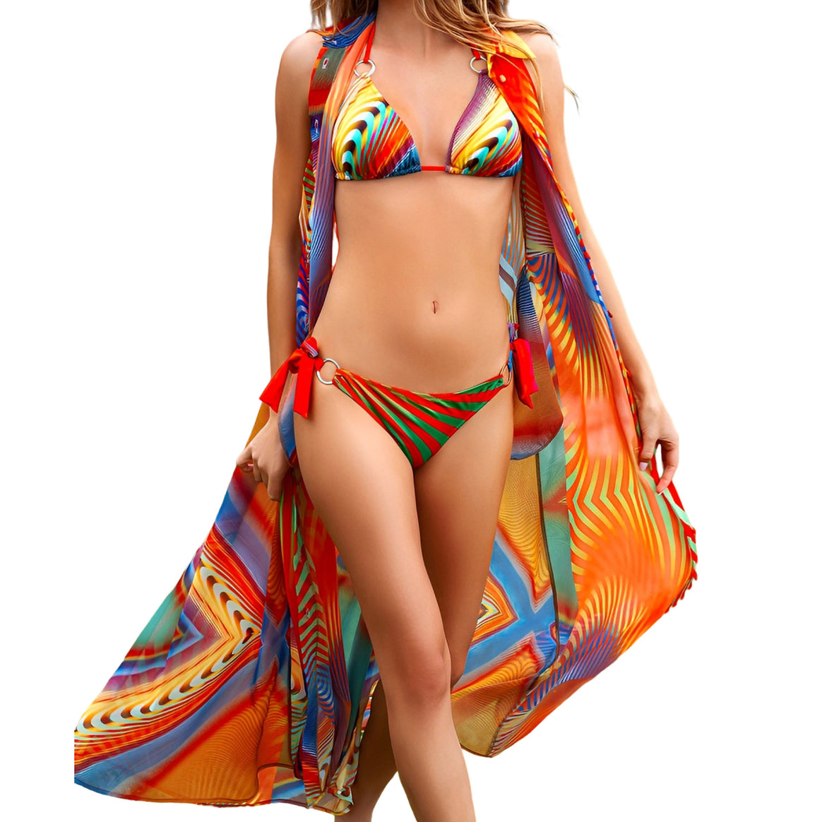 Women Triangle Bikini with stylish bows and colorful striped pattern Mune Fashion