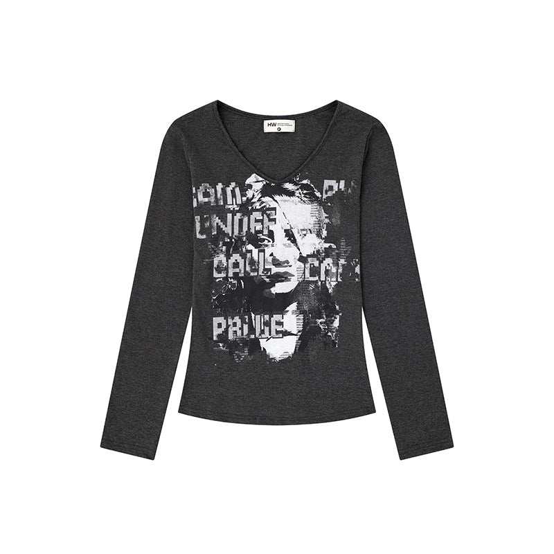 Women's Long Sleeve Shirt with Vintage Photo Print and Round Neckline Mune Fashion