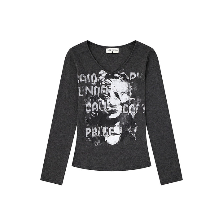 Women's Long Sleeve Shirt with Vintage Photo Print and Round Neckline Mune Fashion