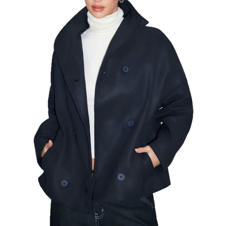 Women Double-breasted Short Coat with Stand-up Collar, Dropped Shoulder and Clear Boxy Silhouette Drune