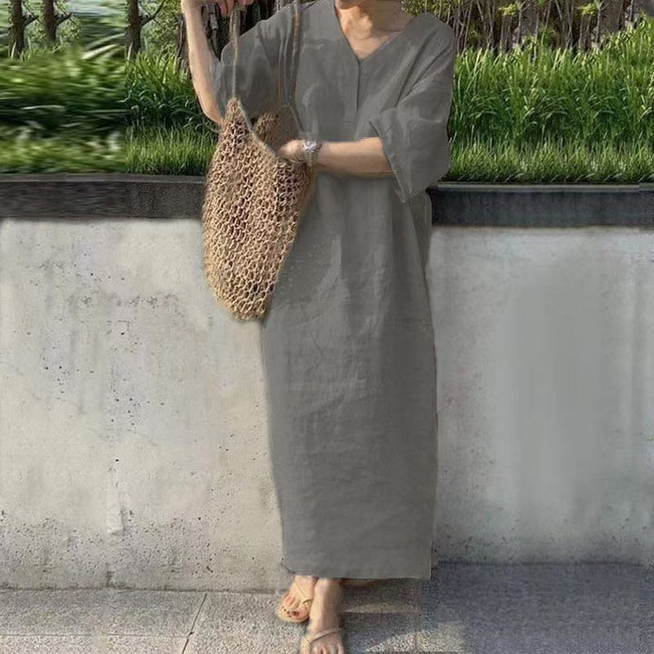 Women's Casual Linen Maxi Dress with V-Neck and Oversize Relax Fit