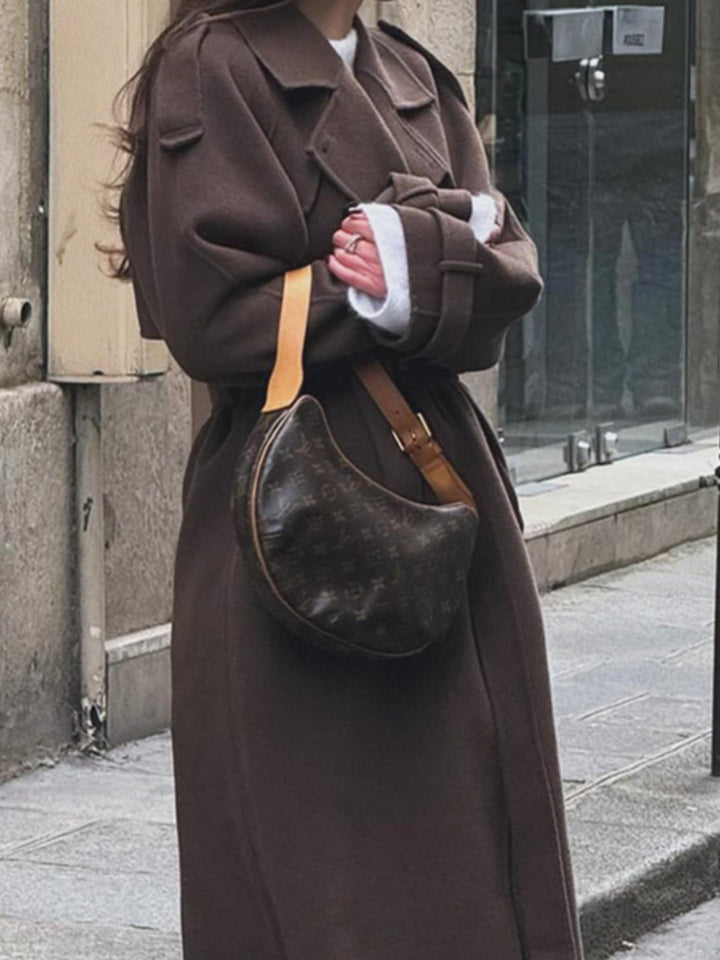 Women's Long Wool Blend Coat with Wide Lapels, Epaulettes and Adjustable Sleeve Straps Mune Fashion