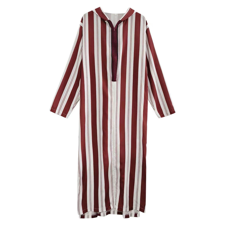 Ladies long hooded shirt dress with front zipper and vertical stripe pattern Mune Fashion