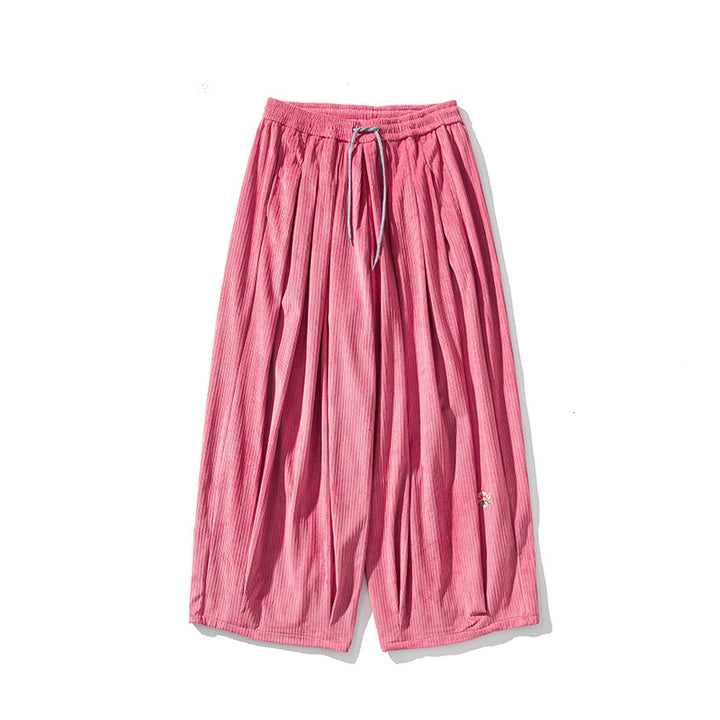 Men's Extra Wide Pleated Pants with Ribbed Texture and Drawstring Mune Fashion