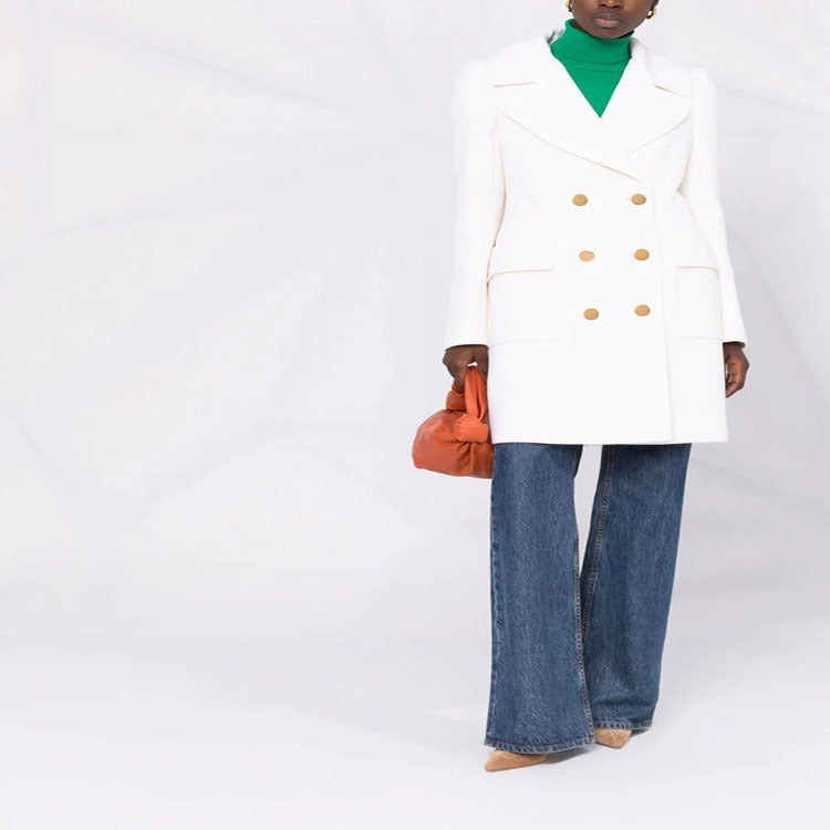 Women's Double-breasted Boxy Coat made of wool blend with wide lapels and gold decorative buttons Mune Fashion
