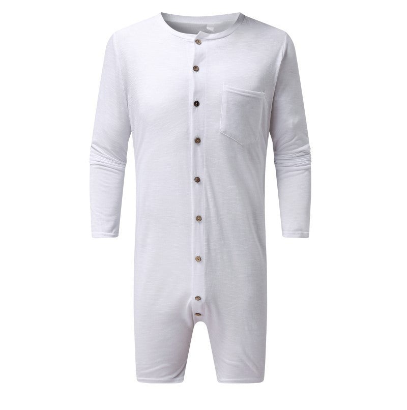 Men's comfortable short overall with round neck, continuous wooden button placket and chest pocket Mune Fashion