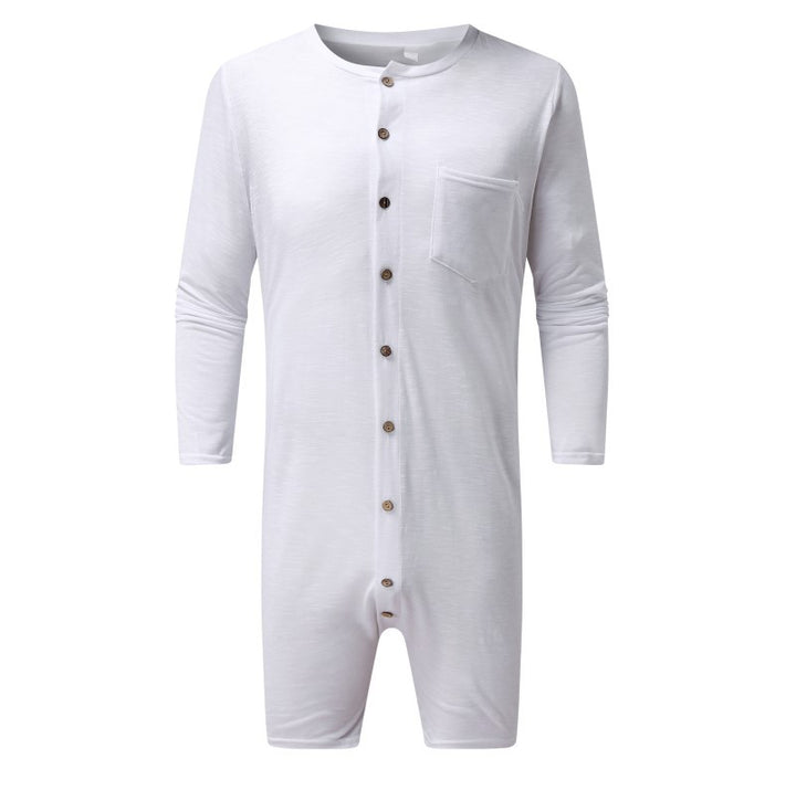 Men's comfortable short overall with round neck, continuous wooden button placket and chest pocket Mune Fashion