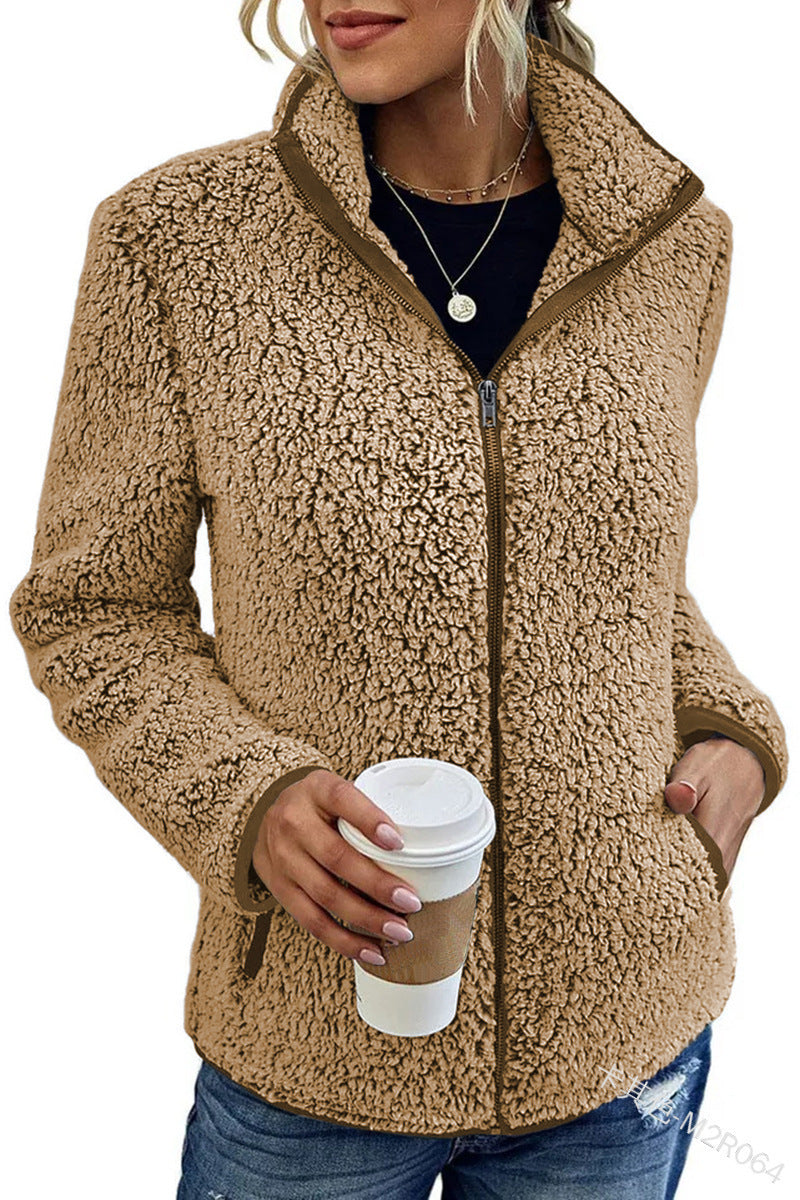 Women cozy teddy fleece jacket with stand-up collar and zipper Mune Fashion
