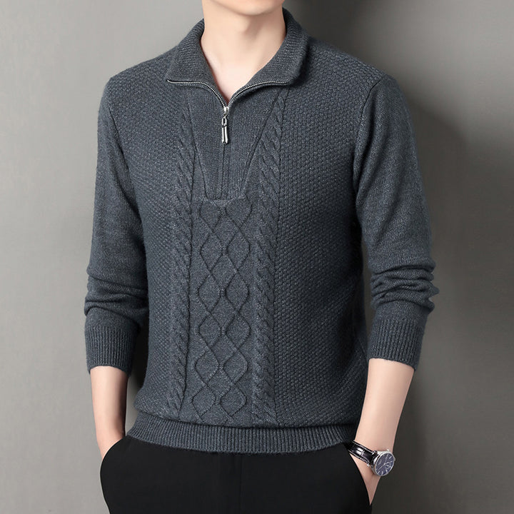 Men's fine knit half zip pullover with cable structure and stand-up collar Mune Fashion