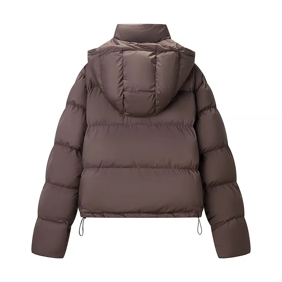 Women's short quilted puffer jacket with removable hood and drawstring hem Mune Fashion