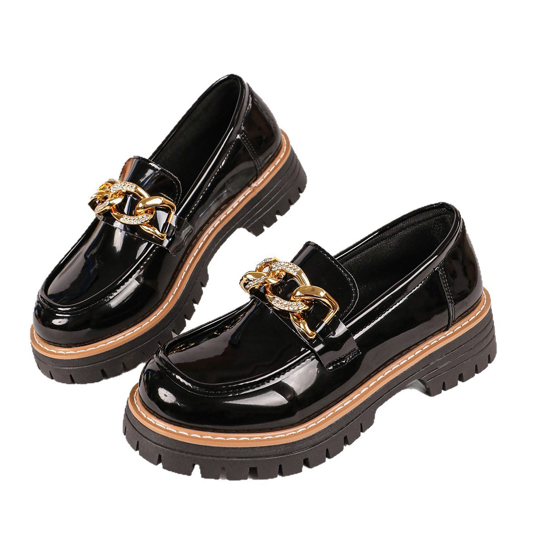 Women's Shiny Slip-On Loafers with Chunky Profile Sole and Decorative Chain Mune Fashion
