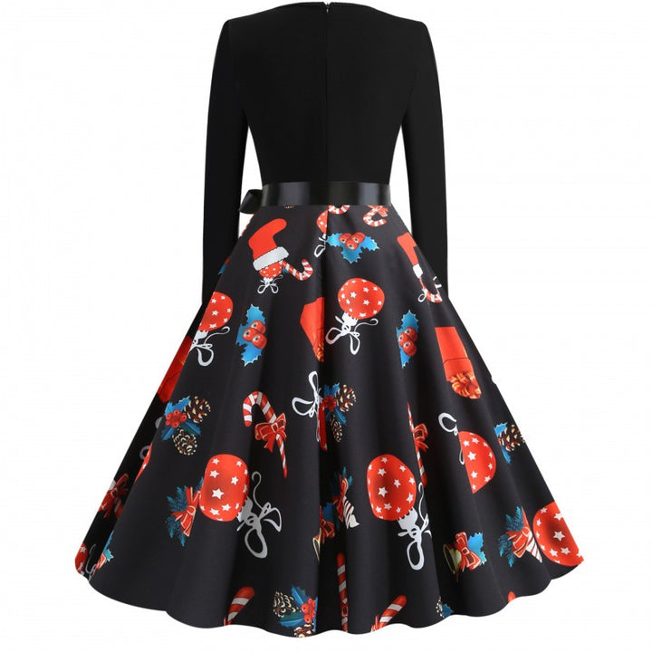 Women Retro Swing Dress with Jersey Top, Tailored Satin Sash and Festive Print Mune Fashion