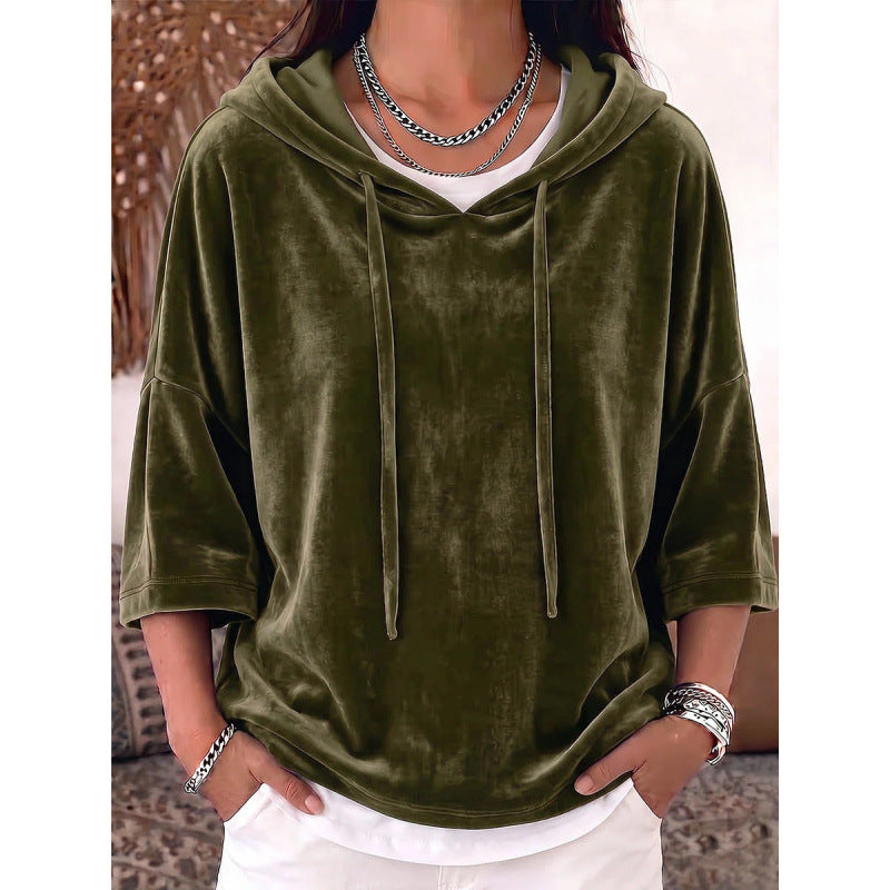 Women Oversize Velvet Half-Sleeve Hoodie with Drawstring and Pockets Mune Fashion