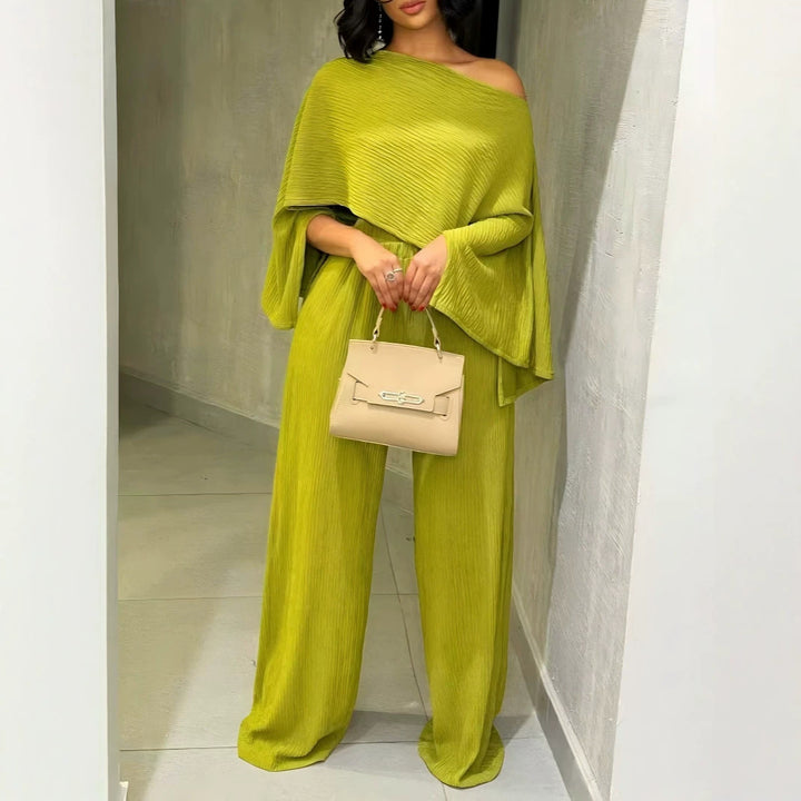 Women's Two-Piece Textured Loungewear Set with Cropped Cape Top and Maxi Skirt with Side Slit Drune