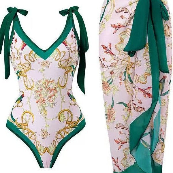 Women's swimsuit with floral design and transparent wrap skirt Mune Fashion