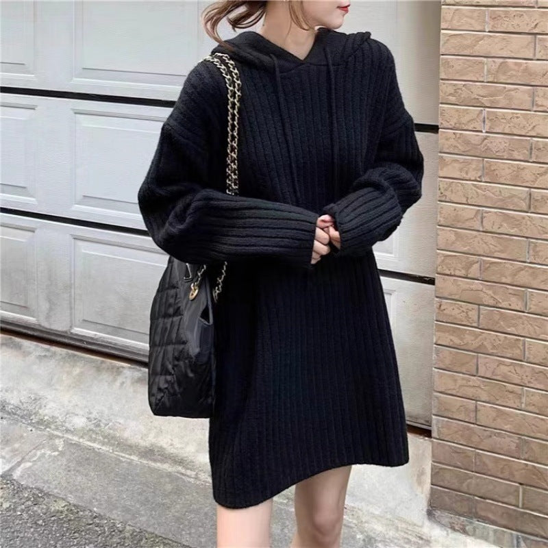 Women’s knitted hoodie dress with ribbed texture and oversized silhouette Mune Fashion